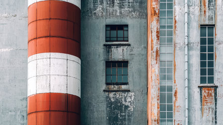 Close-up of a cement production plant in South Asia with large chimneys, no people, copy space.の素材