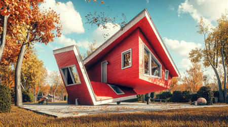 A whimsical upside-down house with a flipped roof, doors, and windows, making it look like gravity is reversed. 3D render, copy space.の素材