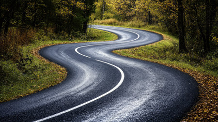 A winding road that twists and bends unnaturally as if defying physics. No people, copy space.の素材