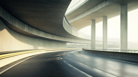 A serene scene of a curved concrete road under a modern overpass, enhanced by soft natural light. Ideal for showcasing urban architecture and roadway design.の素材