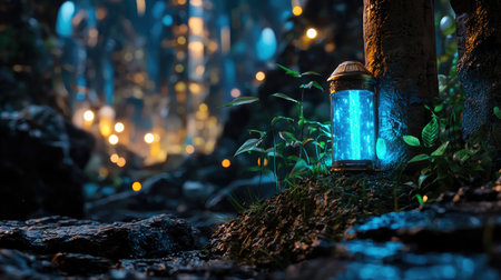 A mesmerizing lantern emits a soft blue glow in a tranquil, enchanted forest. Lush plants and rocky terrain enhance the magical atmosphere. Perfect for fantasy themes.の素材