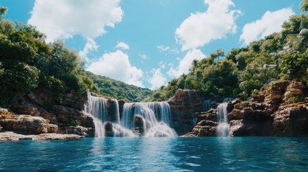 Experience the tranquility of a breathtaking tropical waterfall, cascading smoothly into a vibrant blue pool, surrounded by lush greenery under a bright sky.の素材