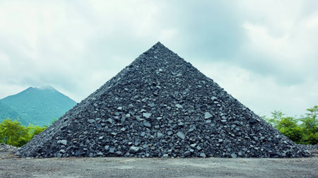 A towering black stone pyramid structure rises against a dramatic cloudy sky, showcasing the raw beauty of geology and landscape in an outdoor setting.の素材