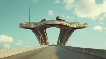 A striking elevated bridge structure captures cars against a serene blue sky. This unique urban scene showcases modern engineering and open road tranquility.の素材