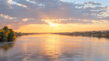 A wide-angle shot of the Niger River, with a beautiful sky and space for text overlay. Copy space.の素材