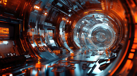 Explore a stunning futuristic corridor filled with neon lights and intricate technology. The high-tech design creates a mesmerizing atmosphere ideal for sci-fi themes.の素材