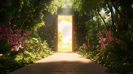 A stunning garden portal leads to a bright light, surrounded by vibrant flowers and lush greenery, creating an enchanting and serene atmosphere.の素材