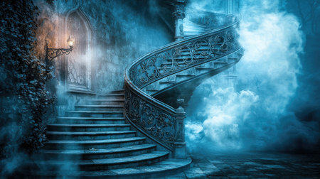 This captivating image features an enchanted spiral staircase surrounded by fog, creating a mysterious and eerie atmosphere. The soft glow from the lantern adds to the magical feel.の素材