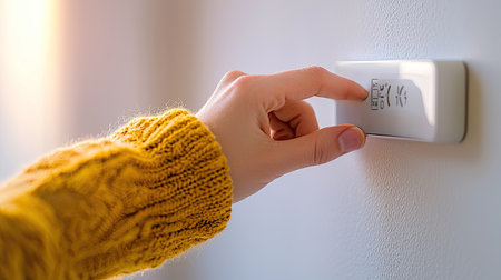 A hand adjusting a smart thermostat to reduce electricity costs and save energy. Copy space.の素材