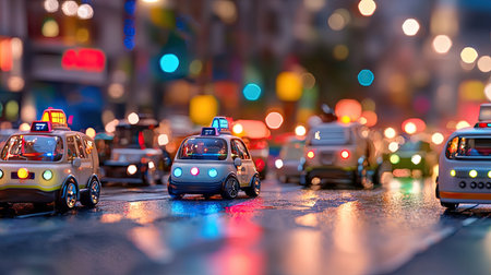 A vibrant scene featuring miniature cars navigating a busy city street at night. The colorful lights and reflections enhance the dynamic urban atmosphere.の素材