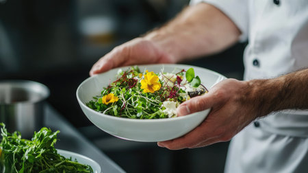A chef hands plating a modern Indian dish with microgreens and edible flowers. No people, copy space.の素材