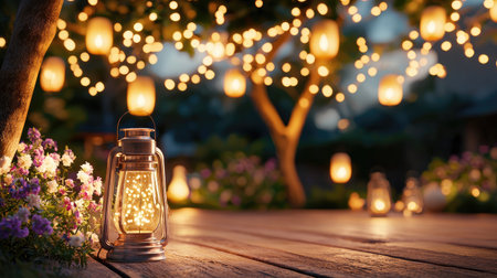 A serene garden evening showcasing a vintage lantern amid glowing fairy lights. This enchanting scene offers warmth and tranquility, perfect for gatherings.の素材