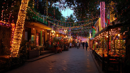 A vibrant street adorned with colorful lights and decorations during a festive celebration, creating a lively and joyful atmosphere for visitors and locals.の素材