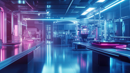 Vibrant and modern laboratory showcasing sleek design and neon lights, ideal for themes of innovation, technology, and scientific research.の素材