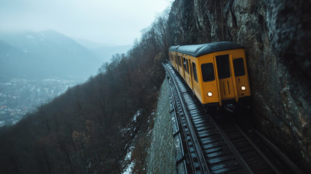 A vibrant yellow train navigates a cliffside track in a misty mountain landscape, offering breathtaking views of the valley below and showcasing the beauty of nature.の素材