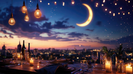 A picturesque dinner setting featuring an elegant table adorned with candles and wine glasses, overlooking a stunning city view under a crescent moon.の素材