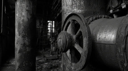 A close-up of massive pipes and machinery in a thermal power facility. Copy space.の素材