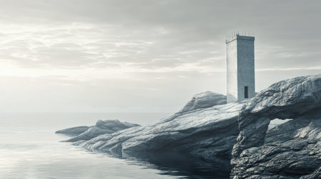 A solitary tower stands proudly on a rocky shore, surrounded by calm waters. Soft clouds float gently overhead, creating a serene and minimalistic landscape perfect for inspirational themes.の素材
