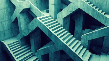 This abstract image features an intricate design of stairs in a geometric setting, showcasing a modern and minimalist architectural structure with captivating angles and a surreal aesthetic.の素材