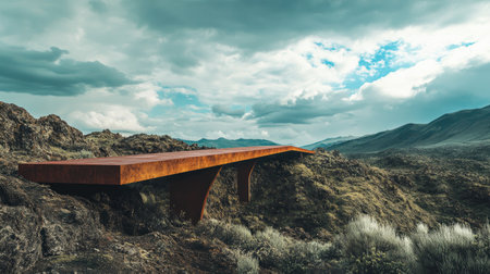 A tilted bridge stretching across a landscape at an unnatural incline. No people, copy space.の素材