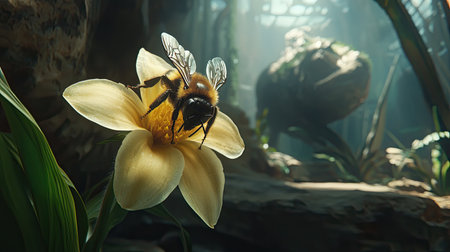 A honeybee resting on a yellow flower, captured in sharp detail against a soft background. Copy space.の素材
