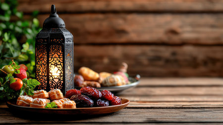 A beautifully arranged spread of Middle Eastern desserts and fruits beside a glowing lantern creates a warm and inviting atmosphere perfect for gatherings.の素材