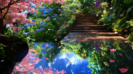 A tranquil garden pathway adorned with colorful blooming flowers and a reflective pond creates a serene escape into nature's beauty. Perfect for relaxation.の素材