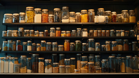 A modern grocery store showcasing organic Indian food ingredients like millets, spices, and oils. No people, copy space.の素材