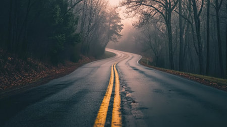 A serene curved road meanders through a foggy forest, capturing the early morning light. Lush trees line the wet asphalt, creating a tranquil atmosphere.の素材