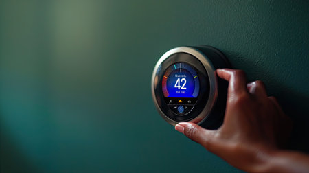 A hand adjusting a smart thermostat to reduce electricity costs and save energy. Copy space.の素材