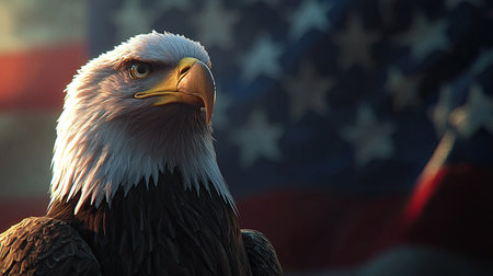 A proud bald eagle with detailed feathers and a patriotic USA flag in the backdrop, copy space.の素材