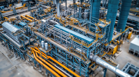Aerial close-up of a thermal power facility infrastructure, pipelines, and smokestacks, copy space available.の素材