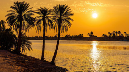 A peaceful riverside view along the Niger, with golden sunlight shimmering on the water. Copy space.の素材