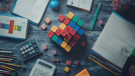 Brain teaser pieces on a study table surrounded by notebooks and a calculator, copy space.の素材