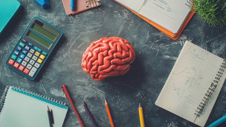 Brain teaser pieces on a study table surrounded by notebooks and a calculator, copy space.の素材