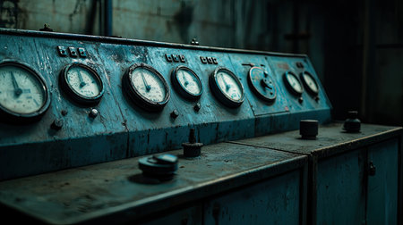 Close-up of control panels and industrial dials in a South Asian production facility, no people, copy space.の素材