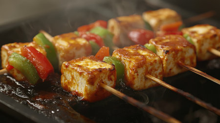 Close-up of sizzling paneer tikka on a grill with smoky flavors and vibrant spices. No people, copy space.の素材