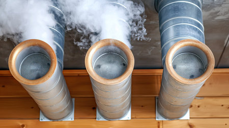 Close-up of industrial smokestacks emitting light smoke in a South Asian factory, copy space.の素材