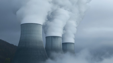 Industrial thermal power plant with massive chimneys emitting steam, close-up view, moody sky, copy space available.の素材