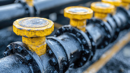 Close-up of metallic thermal power plant pipes and valves, energy production in focus, clear copy space.の素材