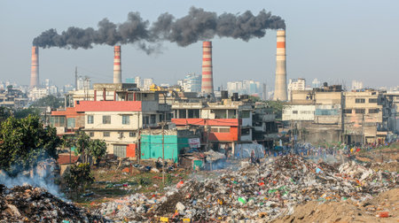 Heavy-duty furnaces and smokestacks in a South Asian industrial complex, close-up, copy space.の素材