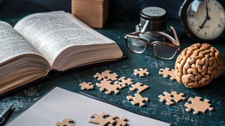 Education and learning concept with brain teaser puzzle on a study table, copy space.の素材