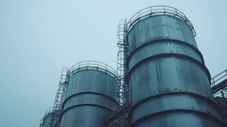 Close-up of industrial cooling towers in a South Asian manufacturing plant, no people, copy space.の素材
