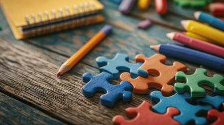 Colorful educational puzzle pieces with school supplies on a wooden desk, copy space.の素材
