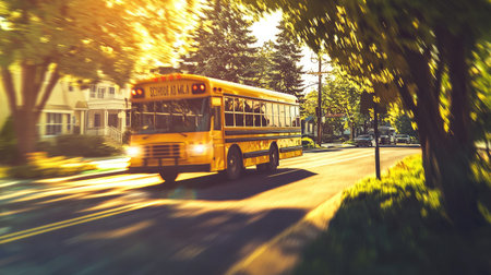 Cute cartoon-style school bus in motion on a sunny road, close-up, blurred background.の素材