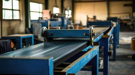Detailed view of industrial conveyor belts in a South Asian factory, no people, copy space.の素材