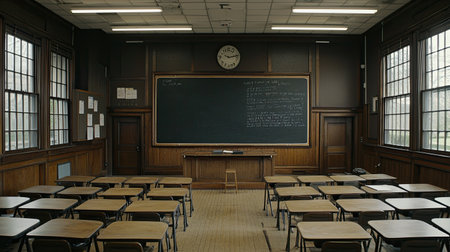 Traditional school classroom with a row of desks facing a chalkboard, no people, copy space.の素材