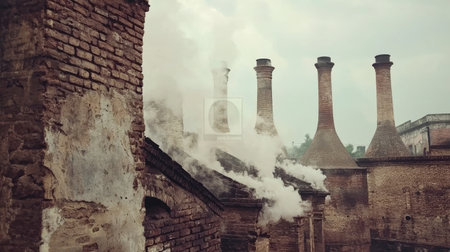 Heavy-duty furnaces and smokestacks in a South Asian industrial complex, close-up, copy space.の素材