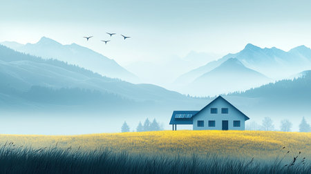 Energy-efficient house with wind and solar power integration, futuristic design, copy space.の素材