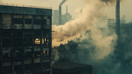 Heavy-duty furnaces and smokestacks in a South Asian industrial complex, close-up, copy space.の素材
